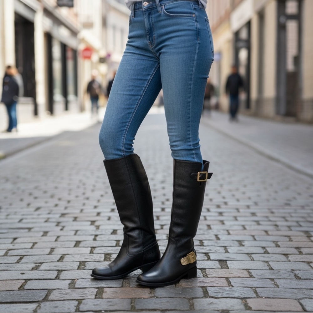 Vince Camuto Bedina 2 Tall Black Leather Boots Gold Logo Wide Calf Size 6
